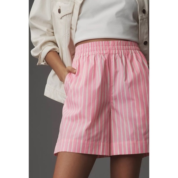 New Marimekko Jokapoika Shorts Pink White Striped Long Boxer Shorts Size Large - Picture 1 of 12